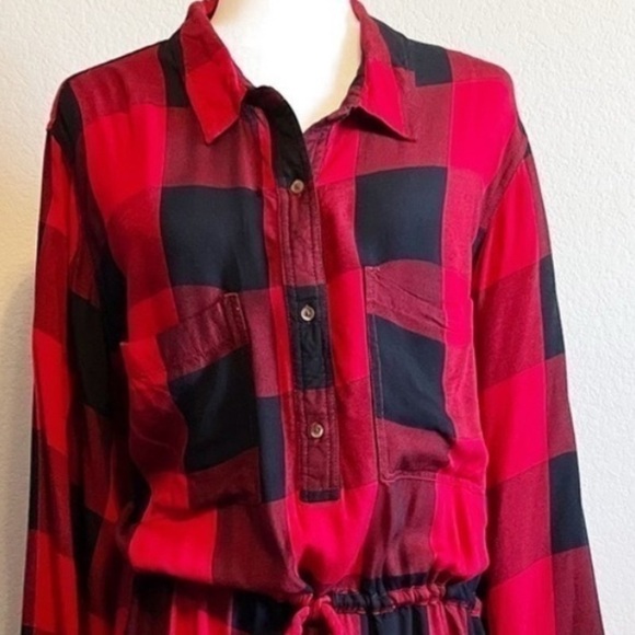 Old Navy Red Black Buffalo Plaid Elastic Tie Waist Button Up Shirt Dress Size 4X - Picture 3 of 9